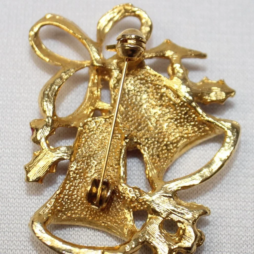 Vintage Christmas Bells Brooch with Holley Rhinestone and Pearl